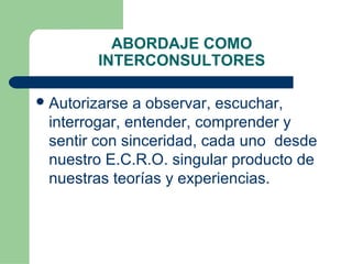ABORDAJE COMO
INTERCONSULTORES
Autorizarse a observar, escuchar,
interrogar, entender, comprender y
sentir con sinceridad, cada uno desde
nuestro E.C.R.O. singular producto de
nuestras teorías y experiencias.
 
