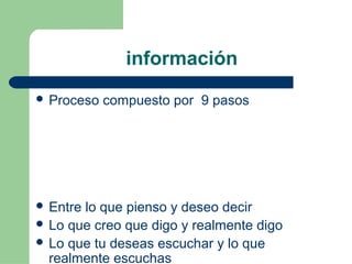 información
 Proceso compuesto por 9 pasos
 Entre lo que pienso y deseo decir
 Lo que creo que digo y realmente digo
 Lo que tu deseas escuchar y lo que
realmente escuchas
 