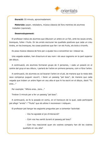www.cult.gva.es/orientados



      Duració: 55 minuts, aproximadament.

      Materials: paper, retoladors, música clàssica de fons mentres els alumnes
   treballen (opcional).

      Desenvolupament:

  El professor indica als alumnes que dibuixen un arbre en un foli, amb les seues arrels,
branques, fulles i fruits. En les arrels escriuran les qualitats positives que cada un creu
tindre, en les branques, les coses positives que fan i en els fruits, els èxits o triomfs.

  Es posa música clàssica de fons per a ajudar-los a concentrar-se i relaxar-se.

  Una vegada acaben, han d'escriure el seu nom i els seus cognoms en la part superior
del dibuix.

  A continuació, els alumnes formaran grups de 4 persones, i cada un posarà en el
centre del grup el seu dibuix, i parlarà de l'arbre en primera persona, com si fóra l'arbre.

  A continuació, els alumnes es col·locaran l'arbre en el pit, de manera que la resta dels
seus companys puguen veure’l, i faran un passeig “pel bosc”, de manera que cada
vegada que troben un arbre lligen en veu alta el que hi ha escrit en el dibuix, dient “Tu
eres...”

  Per exemple: “Alfons eres...tens...”

  Tindran 5 minuts per a fer un passeig “pel bosc”.

  A continuació, es fa la posada en comú, en el transcurs de la qual, cada participant
pot afegir “arrels” i “”fruits” que els altres li reconeixen i indiquen.

  El professor pot llançar les següents preguntes per a comentar l'activitat:

                  − Vos ha agradat el joc d'interacció?


                  − Com vos heu sentit durant el passeig pel bosc?


                  − Com heu reaccionat quan els vostres company han dit les vostres
               qualitats en veu alta?



  Técniques de grup                                                                Autoestima 6
 