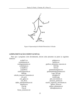 Santos, D. Paulo, J. Ornelas, M. e Pinto, R.




                     Figura 4. Representação do Modelo Biomecânico Utilizado




4.IMPLEMENTAÇÃO COMPUTACIONAL
   Para que o programa corra devidamente, devem estar presentes na pasta os seguintes
ficheiros:
                   avaliaCL.m                                  gifplayer.m
                avaliafuncoes.m                                graficos.m
              avaliaguiamentos.m                   graficos_momentos_reaccoes.m
                 avaliaJunta.m                                   GUI.fig
                   avaliaPE.m                                    GUI.m
                   avaliaPI.m                            guiamentoangulos.txt
               avaliaTrajectoria.m                   guiamentotrajectoriaanca.txt
                     BM.jpg                                  Logo_IST.jpg
        calcula_reaccoes_momentos.m                           mmspder.m
                    cria_g.m                                   modelo.jpg
                  cria_gpeso.m                            plot_movimento.m
                    cria_M.m                              posicoes_pontos.txt
           dados_antropometricos.txt              resolve_equacoes_movimento.m
                   dinamica.m                               splines_forcas.m
                     Fim.fig                             splines_guiamento.m
                      Fim.m                                tabmapeamento.m
              forcas_exteriores.txt

                                               13
 
