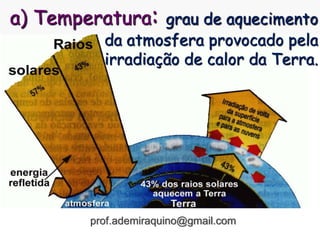 a) Temperatura: grau de aquecimento
da atmosfera provocado pela
irradiação de calor da Terra.
prof.ademiraquino@gmail.com
 