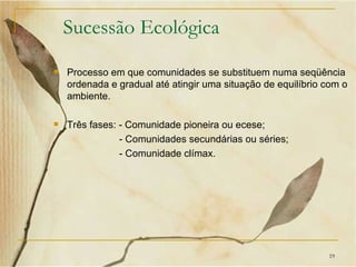Sucessão Ecológica
   Processo em que comunidades se substituem numa seqüência
    ordenada e gradual até atingir uma situação de equilíbrio com o
    ambiente.

   Três fases: - Comunidade pioneira ou ecese;
                - Comunidades secundárias ou séries;
                - Comunidade clímax.




                                                              19
 