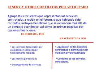 18 SERV.Y OTROS CONTRATOS POR ANTICIPADO
Agrupa las subcuentas que representan los servicios
contratados a recibir en el futuro, o que habiendo sido
recibidos, incluyen beneficios que se extienden más allá de
un ejercicio económico, así como las primas pagadas por
opciones financieras.
ES DEBITADA POR
ES ACREDITADA POR
• Los intereses descontados por
anticipado en operación de
financiamiento recibido.
• Los montos por servicios
• Devengamiento de intereses.
• Liquidación de las opciones
contratadas o disminución por
medición al valor razonable
• Consumo de los servicios
contratados.
 