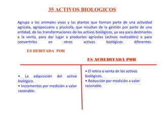 Agrupa a los animales vivos y las plantas que forman parte de una actividad
agrícola, agropecuaria y piscícola, que resultan de la gestión por parte de una
entidad, de las transformaciones de los activos biológicos, ya sea para destinarlos
a la venta, para dar lugar a productos agrícolas (activos realizables) o para
convertirlos en otros activos biológicos diferentes.
35 ACTIVOS BIOLOGICOS
ES DEBITADA POR
ES ACREDITADA POR
• La adquisición del activo
biológico.
• Incrementos por medición a valor
razonable.
• El retiro o venta de los activos
biológicos.
• Reducción por medición a valor
razonable.
 