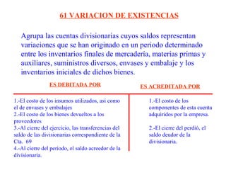 Agrupa las cuentas divisionarias cuyos saldos representan
variaciones que se han originado en un periodo determinado
entre los inventarios finales de mercadería, materias primas y
auxiliares, suministros diversos, envases y embalaje y los
inventarios iniciales de dichos bienes.
61 VARIACION DE EXISTENCIAS
1.-El costo de los insumos utilizados, así como
el de envases y embalajes
2.-El costo de los bienes devueltos a los
proveedores
3.-Al cierre del ejercicio, las transferencias del
saldo de las divisionarias correspondiente de la
Cta. 69
4.-Al cierre del periodo, el saldo acreedor de la
divisionaria.
1.-El costo de los
componentes de esta cuenta
adquiridos por la empresa.
2.-El cierre del perdió, el
saldo deudor de la
divisionaria.
ES DEBITADA POR ES ACREDITADA POR
 