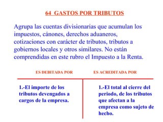 Agrupa las cuentas divisionarias que acumulan los
impuestos, cánones, derechos aduaneros,
cotizaciones con carácter de tributos, tributos a
gobiernos locales y otros similares. No están
comprendidas en este rubro el Impuesto a la Renta.
64 GASTOS POR TRIBUTOS
1.-El importe de los
tributos devengados a
cargos de la empresa.
1.-El total al cierre del
periodo, de los tributos
que afectan a la
empresa como sujeto de
hecho.
ES DEBITADA POR ES ACREDITADA POR
 