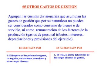 Agrupan las cuentas divisionarias que acumulan las
gastos de gestión que por su naturaleza no pueden
ser considerados como consumo de bienes o de
servicio, ni como remuneración de los factores de la
producción (gastos de personal tributos, intereses,
depreciaciones y provisiones del ejercicio).
65 OTROS GASTOS DE GESTION
1.-El importe de las primas de seguros,
las regalías, cotizaciones, donaciones y
otras cargas diversas.
1.-El total, al cierre del periodo de
las cargas diversas de gestión,
ES DEBITADA POR ES ACREDITADA POR
 