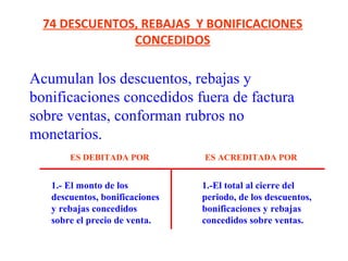 Acumulan los descuentos, rebajas y
bonificaciones concedidos fuera de factura
sobre ventas, conforman rubros no
monetarios.
74 DESCUENTOS, REBAJAS  Y BONIFICACIONES 
CONCEDIDOS
1.- El monto de los
descuentos, bonificaciones
y rebajas concedidos
sobre el precio de venta.
1.-El total al cierre del
periodo, de los descuentos,
bonificaciones y rebajas
concedidos sobre ventas.
ES DEBITADA POR ES ACREDITADA POR
 