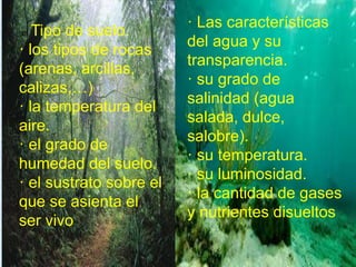el Tipo de suelo. 
· los tipos de rocas 
(arenas, arcillas, 
calizas,…) 
· la temperatura del 
aire. 
· el grado de 
humedad del suelo. 
· el sustrato sobre el 
que se asienta el 
ser vivo 
· Las características 
del agua y su 
transparencia. 
· su grado de 
salinidad (agua 
salada, dulce, 
salobre). 
· su temperatura. 
· su luminosidad. 
· la cantidad de gases 
y nutrientes disueltos 
 