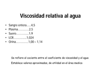 Viscosidad relativa al aguaViscosidad relativa al agua
• Sangre entera…...4,5
• Plasma…………...2,5
• Suero………….....1,9
• LCR………………1,024
• Orina……………..1,00 – 1,14
Se refiere al cociente entre el coeficiente de viscosidad y el agua
Establece valores aproximados, de utilidad en el área medica
 