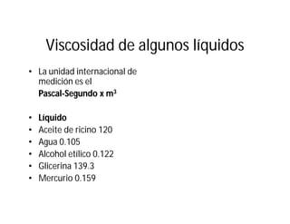 Viscosidad de algunos líquidos
• La unidad internacional de
medición es el
Pascal-Segundo x m3
• Líquido
• Aceite de ricino 120
• Agua 0.105
• Alcohol etílico 0.122
• Glicerina 139.3
• Mercurio 0.159
 