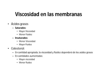Viscosidad en las membranasViscosidad en las membranas
• Ácidos grasos
– Saturados:
• Mayor Viscosidad
• Menor Fluidez
– Insaturados:
• Menor Viscosidad
• Mayor Fluidez
• Colesterol:
– En cantidad apropiada, la viscosidad y fluidez dependerá de los asidos grasos
– En cantidades aumentadas:
• Mayor viscosidad
• Menor fluidez
 