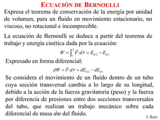 ECUACIÓN DE BERNOULLI
Expresa el teorema de conservación de la energía por unidad
de volumen, para un fluido en movimiento estacionario, no
viscoso, no rotacional e incompresible.
La ecuación de Bernoulli se deduce a partir del teorema de
trabajo y energía cinética dada por la ecuación:
I. Ruiz
2
2 1
1 K K
W F dr E E
=  = −

Expresado en forma diferencial:
2 1
K K
dW F dr dE dE
=  = −
Se considera el movimiento de un fluido dentro de un tubo
cuya sección transversal cambia a lo largo de su longitud,
debido a la acción de la fuerza gravitatoria (peso) y la fuerza
por diferencia de presiones entre dos secciones transversales
del tubo, que realizan un trabajo mecánico sobre cada
diferencial de masa dm del fluido.
 