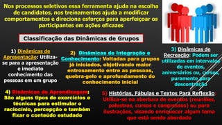 Nos processos seletivos essa ferramenta ajuda na escolha
de candidatos, nos treinamentos ajuda a modificar
comportamentos e direciona esforços para aperfeiçoar os
participantes em ações eficazes
Classificação das Dinâmicas de Grupos
1) Dinâmicas de
Apresentação: Utiliza-
se para a apresentação
e imediato
conhecimento das
pessoas em um grupo
2) Dinâmicas de Integração e
Conhecimento: Voltadas para grupos
já iniciados, objetivando maior
entrosamento entre as pessoas,
quebra-gelo e aprofundamento do
conhecimento inicial
3) Dinâmicas de
Recreação: Podem ser
utilizadas em intervalos
de eventos,
aniversários ou, cursos,
puramente para
descontração
4) Dinâmicas de Aprendizagem:
São alguns tipos de exercícios e
técnicas para estimular o
raciocínio, percepção e também
fixar o conteúdo estudado
5) Histórias, Fábulas e Textos Para Reflexão:
Utiliza-se na abertura de eventos (reuniões,
palestras, cursos e congressos) ou para
ilustrações, visando enriquecer algum tema
que está sendo abordado
 