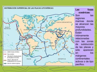 Las fosas oceánicas:Son las regiones marinas donde se alcanzan las mayores profundidades. Están íntimamente relacionadas con las zonas de subducción de las placas y sólo aparecen en los márgenes continentales activos o de tipo pacífico. 