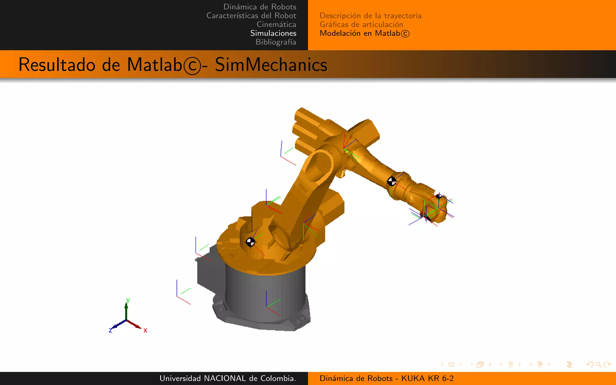 Din´amica de Robots
Caracter´ısticas del Robot
Cinem´atica
Simulaciones
Bibliograf´ıa
Descripci´on de la trayectoria
Gr´aficas de articulaci´on
Modelaci´on en Matlab c
Resultado de Matlab c - SimMechanics
Universidad NACIONAL de Colombia. Din´amica de Robots - KUKA KR 6-2