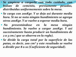  Se empieza a cargarla con todo cuidado, con
bolsas de cemento, previamente pesadas,
distribuidas uniformemente sobre la mesa.
 Se carga con 200Kgr. Y se deja así durante media
hora. Si no se nota ningún hundimiento se agrega
otros 200Kgr. Y se vuelve a esperar media hora.
 No presentándose en la mesa ningún
hundimiento. Se vuelve a cargar 200Kgr. Y así
sucesivamente hasta producir un hundimiento de
2 a 3 cm.( que se observa en la regla).
 Se divide la carga total por la superficie de las
patas, es decir, 200 cm² y este resultado se vuelve
a dividir por 8 o 10 (Coeficiente de seguridad).
 