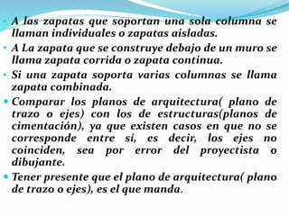 • A las zapatas que soportan una sola columna se
llaman individuales o zapatas aisladas.
• A La zapata que se construye debajo de un muro se
llama zapata corrida o zapata continua.
• Si una zapata soporta varias columnas se llama
zapata combinada.
 Comparar los planos de arquitectura( plano de
trazo o ejes) con los de estructuras(planos de
cimentación), ya que existen casos en que no se
corresponde entre sí, es decir, los ejes no
coinciden, sea por error del proyectista o
dibujante.
 Tener presente que el plano de arquitectura( plano
de trazo o ejes), es el que manda.
 