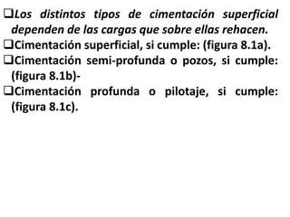 Los distintos tipos de cimentación superficial
dependen de las cargas que sobre ellas rehacen.
Cimentación superficial, si cumple: (figura 8.1a).
Cimentación semi-profunda o pozos, si cumple:
(figura 8.1b)-
Cimentación profunda o pilotaje, si cumple:
(figura 8.1c).
 