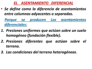 EL ASENTAMIENTO DIFERENCIAL
• Se define como la diferencia de asentamientos
entre columnas adyacentes o separadas.
Porque se producen Los asentamientos
diferenciales:
1. Presiones uniformes que actúan sobre un suelo
homogéneo (fundación flexible).
2. Presiones diferentes que actúan sobre el
terreno.
3. Las condiciones del terreno heterogéneas.
 