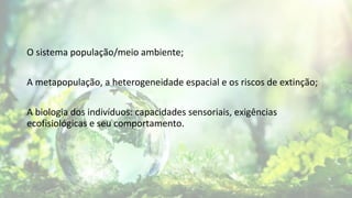 O sistema população/meio ambiente;
A metapopulação, a heterogeneidade espacial e os riscos de extinção;
A biologia dos indivíduos: capacidades sensoriais, exigências
ecofisiológicas e seu comportamento.
 
