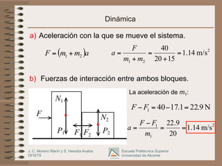 J. C. Moreno Marín y S. Heredia Avalos
DFISTS
Escuela Politécnica Superior
Universidad de Alicante
Dinámica
a) Aceleración con la que se mueve el sistema.
b) Fuerzas de interacción entre ambos bloques.
La aceleración de m1:
F
P1 P2
N1
N2
F1 F2
2
2
1
m/s
14
.
1
15
20
40
=
+
=
+
=
m
m
F
a
( )a
m
m
F 2
1 +
=
2
1
1
m/s
14
.
1
20
9
.
22
=
=
−
=
m
F
F
a
N
9
.
22
1
.
17
40
1 =
−
=
−F
F
 