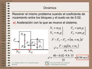 J. C. Moreno Marín y S. Heredia Avalos
DFISTS
Escuela Politécnica Superior
Universidad de Alicante
Dinámica
a) Aceleración con la que se mueve el sistema.
Resolver el mismo problema cuando el coeficiente de
rozamiento entre los bloques y el suelo es de 0.02.
F
P1 P2
N1
N2
F’1 F’2
FR1 FR2
⎭
⎬
⎫
=
=
g
m
N
g
m
N
2
2
1
1
⎭
⎬
⎫
µ
=
µ
=
g
m
F
g
m
F
2
2
r
1
1
r
( ) '
2
1
2
r
1
r a
m
m
F
F
F +
=
−
−
( )
2
1
2
1
'
m
m
m
m
g
F
a
+
+
µ
−
=
2
m/s
94
.
0
35
35
8
.
9
02
.
0
40
' =
⋅
⋅
−
=
a
 