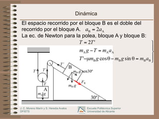J. C. Moreno Marín y S. Heredia Avalos
DFISTS
Escuela Politécnica Superior
Universidad de Alicante
T’
mA.g
T’
T’
T
A
B
mB.g
mB.g.sen30º
30º
FR
Dinámica
El espacio recorrido por el bloque B es el doble del
recorrido por el bloque A.
La ec. de Newton para la polea, bloque A y bloque B:
⎪
⎭
⎪
⎬
⎫
=
θ
−
θ
µ
−
=
−
=
B
B
B
B
A
A
A
sin
cos
'
'
2
a
m
g
m
g
m
T
a
m
T
g
m
T
T
A
B 2a
a =
 