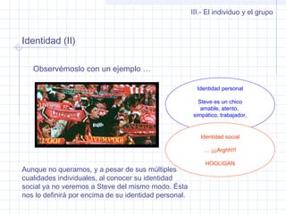Identidad (II)
III.- El individuo y el grupo
Observémoslo con un ejemplo …
Identidad personal
Steve es un chico
amable, atento,
simpático, trabajador,
…
Identidad social
… ¡¡¡Arghh!!!
HOOLIGAN
Aunque no queramos, y a pesar de sus múltiples
cualidades individuales, al conocer su identidad
social ya no veremos a Steve del mismo modo. Ésta
nos lo definirá por encima de su identidad personal.
 