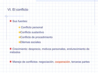 VI. El conflicto
Sus fuentes:
Conflicto personal
Conflicto sustantivo
Conflicto de procedimiento
Dilemas sociales
Crecimiento: desprecio, motivos personales, endurecimiento de
métodos
Manejo de conflictos: negociación, cooperación, terceras partes
 