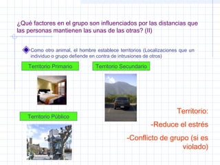 ¿Qué factores en el grupo son influenciados por las distancias que
las personas mantienen las unas de las otras? (II)
Como otro animal, el hombre establece territorios (Localizaciones que un
individuo o grupo defiende en contra de intrusiones de otros)
Territorio Primario
Territorio Público
Territorio Secundario
Territorio:
-Reduce el estrés
-Conflicto de grupo (si es
violado)
 