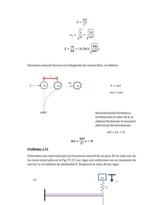 𝑘 =
3𝐸𝐼
𝐿3
𝜔𝑛 = √
𝑘
𝑚
= √
3𝐸𝐼
𝑚𝐿3
𝒇 =
𝝎
𝟐𝝅
= (𝟏/𝟐𝝅)(√
𝟑𝑬𝑰
𝒎𝑳𝟑
)
Haciendo suma de fuerzas en el diagrama de cuerpo libre, se obtiene:
𝐹 = 𝑚𝑥̈
−𝑘𝑥 = 𝑚𝑥̈
Reacomodando términos y
sustituyendo el valor de k, se
obtiene finalmente la ecuación
diferencial del movimiento
𝑚𝑥̈ + 𝑘𝑥 = 0
𝒎𝒙
̈ +
𝟑𝑬𝑰
𝑳𝟑
𝒙 = 𝟎
Problema 1.15
Determine una expresión para la frecuencia natural de un peso W en cada uno de
los casos mostrados en la Fig. P1.15. Las vigas son uniformes con un momento de
inercia I y un módulo de elasticidad E. Desprecie la masa de las vigas
m m m
F
kx
x
k
W
u
(a)
 