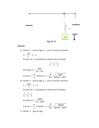 Fig. P1.15
Solución:
a) Siendo :
v
k para la viga, y r
k para el resorte, tenemos:
3
3
v
EI
k
L
 , r
k k

El valor de e
k equivalente se obtiene de la relación:
1 1 1
e r v
k k k
 
De donde: 3
3
3
e
kEI
k
kL EI


Y como
W
m
g
 , entonces 3
3
( 3 )
e
n
k kgEI
w
m W kL EI
 

b) Siendo :
v
k para la viga, y r
k para el resorte, tenemos:
3
48
v
EI
k
L
 , r
k k

El valor de e
k equivalente se obtiene de la relación:
1 1 1
e r v
k k k
 
De donde: 3
48
48
e
kEI
k
kL EI


Y como
W
m
g
 , entonces 3
48
( 48 )
e
n
k kgEI
w
m W kL EI
 

c) Siendo :
v
k para la viga:
W
k
 