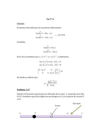 Fig. P1.16
Solución:
El sistema viene dada por las ecuaciones diferenciales:
1
1 1 2
2
2 2 1
( )( ) ( )
( )( ) ( )
m u k u u
m u k u u


  
  
………(1.16.1)
O también
1
1
2
2
( )( ) ( )
( )( ) ( )
r
r
m u k u
m u k u



 
En (1.16.1) asumimos que . . . .
1 1 2 2
. ; .
w t i w t i
u C e u C e
  y obtenemos:
2
1 1 1 2
2
2 2 2 1
( . ) . . 0
( . ) . . 0
m C w k C k C
m C w k C k C
   
   
2
1
1
2
2
2
.
0
.
C
k m w k
C
k k m w
 
   

  
   
 
De donde se obtiene que:
1 2
1 2
( )
.
k m m
w
m m


Problema 1.17
Calcule la frecuencia natural para la vibración de la masa m mostrada en la Fig
P1.17. Considerar que AE es rígida con una bisagra en C y un soporte de resorte k
en D.
D
C
B
A E
Vigarígida
bisagra
 