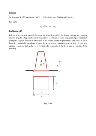 Solución
Se tiene que 3 2 4
25,000 / .10 (25)10 /
k kN m m kN m
  , 2
m 2000 / (9.81 / )
kN m seg

Por tanto
35.02 /
n
w rad seg
 .
Problema 1.19
Calcule la frecuencia natural de vibración libre de un tubo de lámpara sobre un cimiento
elástico (Fig. P1.19), permitiendo la rotación de la estructura como un cuerpo rígido alrededor
del eje x-x. El peso total de la estructura es W con su centro de gravedad a una altura h de la
base del cimiento.La inercia de la masa de la estructura con respecto al eje axis x-x es I y la
rigidez rotacional del suelo es k (resistiendo Momento de la tierra por la rotación de la
unidad).
Fig. P1.19
W
h
b
a
x
x
 