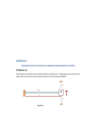 Problema 1.1
Determine el periodo natural del sistema en la fig. P1.1. Suponga que la masa de la
viga y de los resortes que soportan el peso W, son despreciables.
E, I
L
k
k
W
Fig. P1.1
 