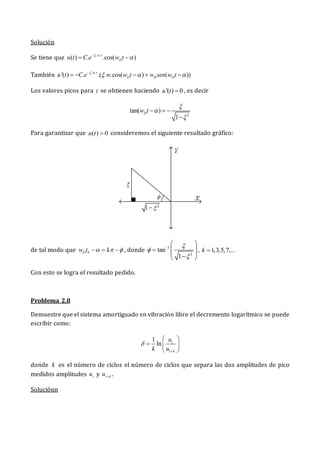 Solución
Se tiene que . .
( ) . .cos( )
w t
D
u t C e w t



 
También . .
'( ) . .( . .cos( ) ( ))
w t
D D D
u t C e w w t w sen w t

  

    
Los valores picos para t se obtienen haciendo '( ) 0
u t  , es decir
2
tan( )
1
D
w t



  

Para garantizar que ( ) 0
u t  consideremos el siguiente resultado gráfico:
de tal modo que D k
w t k
  
   , donde 1
2
tan
1




 
 

 

 
, 1,3,5,7,...
k 
Con esto se logra el resultado pedido.
Problema 2.8
Demuestre que el sistema amortiguado en vibración libre el decremento logarítmico se puede
escribir como:
1
ln i
i k
u
k u


 
  
 
donde k es el número de ciclos el número de ciclos que separa las dos amplitudes de pico
medidos amplitudes i
u y i k
u  .
Soluciónn
 