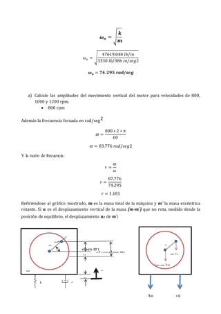 𝝎𝒏 = √
𝒌
𝒎
𝜔𝑛 = √
47619.048 𝑙𝑏/𝑖𝑛
3330 𝑙𝑏/386 𝑖𝑛/𝑠𝑒𝑔2
𝝎𝒏 = 𝟕𝟒.𝟐𝟗𝟓 𝒓𝒂𝒅/𝒔𝒆𝒈
a) Calcule las amplitudes del movimiento vertical del motor para velocidades de 800,
1000 y 1200 rpm.
 800 rpm
Además la frecuencia forzada en rad/seg2
𝜛 =
800 ∗ 2 ∗ 𝜋
60
𝜛 = 83.776 𝑟𝑎𝑑/𝑠𝑒𝑔2
Y la razón de frecuencia:
𝑟 =
𝜛
𝜔
𝑟 =
87.776
74.295
𝑟 = 1.181
Refiriéndose al gráfico mostrado, m es la masa total de la máquina y m´ la masa excéntrica
rotante. Si u es el desplazamiento vertical de la masa (m-m´) que no rota, medido desde la
posición de equilibrio, el desplazamiento u1 de m´:
ku cú
u1=u+e*sen 𝜛t
e*sen 𝜛 t
u
u
u
e
m´
m
k c
e
m´ü
(m-m´)ü
 