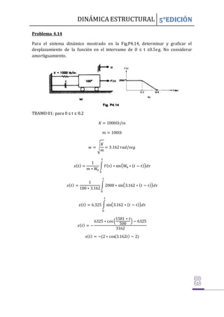 DINÁMICA ESTRUCTURAL 5°EDICIÓN
Problema 4.14
Para el sistema dinámico mostrado en la Fig.P4.14, determinar y graficar el
desplazamiento de la función en el intervamo de 0 ≤ t ≤0.5eg. No considerar
amortiguamiento.
TRAMO 01: para 0 ≤ t ≤ 0.2
𝐾 = 1000𝑙𝑏/𝑖𝑛
𝑚 = 100𝑙𝑏
𝑤 = √
𝐾
𝑚
= 3.162 𝑟𝑎𝑑/𝑠𝑒𝑔
𝑥(𝑡) =
1
𝑚 ∗ 𝑊
𝑛
∫ 𝐹(𝜏) ∗ sin(𝑊
𝑛 ∗ (𝑡 − 𝜏))𝑑𝜏
𝑡
0
𝑥(𝑡) =
1
100 ∗ 3.162
∫ 2000 ∗ sin(3.162 ∗ (𝑡 − 𝜏))𝑑𝜏
𝑡
0
𝑥(𝑡) = 6.325 ∫sin(3.162 ∗ (𝑡 − 𝜏))𝑑𝜏
𝑡
0
𝑥(𝑡) = −
6325 ∗ cos(
1581 ∗ 𝑡
500
) − 6325
3162
𝑥(𝑡) = −(2 ∗ cos(3.162𝑡) − 2)
 