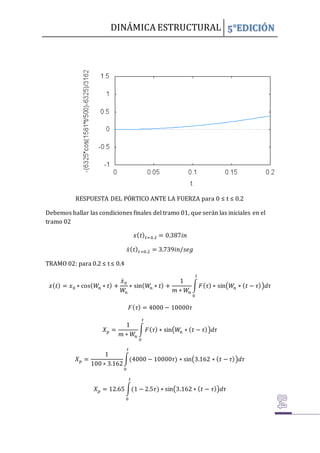 DINÁMICA ESTRUCTURAL 5°EDICIÓN
RESPUESTA DEL PÓRTICO ANTE LA FUERZA para 0 ≤ t ≤ 0.2
Debemos hallar las condiciones finales del tramo 01, que serán las iniciales en el
tramo 02
𝑥(𝑡)𝑡=0.2 = 0.387𝑖𝑛
𝑥̇(𝑡)𝑡=0.2 = 3.739𝑖𝑛/𝑠𝑒𝑔
TRAMO 02: para 0.2 ≤ t ≤ 0.4
𝑥(𝑡) = 𝑥0 ∗ cos(𝑊
𝑛 ∗ 𝑡) +
𝑥̇0
𝑊𝑛
∗ sin(𝑊
𝑛 ∗ 𝑡) +
1
𝑚 ∗ 𝑊𝑛
∫𝐹(𝜏) ∗ sin(𝑊
𝑛 ∗ (𝑡 − 𝜏))𝑑𝜏
𝑡
0
𝐹(𝜏) = 4000 − 10000𝜏
𝑋𝑝 =
1
𝑚 ∗ 𝑊𝑛
∫𝐹(𝜏) ∗ sin(𝑊
𝑛 ∗ (𝑡 − 𝜏))𝑑𝜏
𝑡
0
𝑋𝑝 =
1
100 ∗ 3.162
∫(4000 − 10000𝜏) ∗ sin(3.162 ∗ (𝑡 − 𝜏))𝑑𝜏
𝑡
0
𝑋𝑝 = 12.65 ∫(1 − 2.5𝜏) ∗ sin(3.162 ∗ (𝑡 − 𝜏))𝑑𝜏
𝑡
0
 