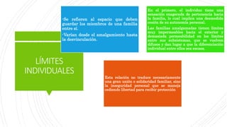 LÍMITES
INDIVIDUALES
-Se refieren al espacio que deben
guardar los miembros de una familia
entre sí.
-Varían desde el amalgamiento hasta
la desvinculación.
En el primero, el individuo tiene una
sensación exagerada de pertenencia hacia
la familia, lo cual implica una desmedida
cesión de su autonomía personal.
Las familias amalgamadas tienen límites
muy impermeables hacia el exterior y
demasiada permeabilidad en los límites
entre sus subsistemas, que se vuelven
difusos y dan lugar a que la diferenciación
individual entre ellos sea escasa.
Esta relación no traduce necesariamente
una gran unión o solidaridad familiar, sino
la inseguridad personal que se maneja
cediendo libertad para recibir protección
 