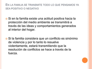 EN LA FAMILIA SE TRANSMITE TODO LO QUE PENSAMOS YA
SEA POSITIVO O NEGATIVO
 Si en la familia existe una actitud positiva hacia la
protección del medio ambiente se transmitirá a
través de las ideas y comportamientos generados
al interior del hogar.
 Si la familia considera que un conflicto es sinónimo
de violencia y por lo tanto lo resuelve
violentamente, estará transmitiendo que la
resolución de conflictos se hace a través de la
fuerza.
 