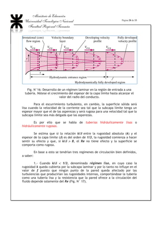 Página 14 de 33
Se denomina a: j =
L
Hroz'
, pérdida de carga unitaria siendo su unidad:
»
¼
º
«
¬
ª
m
m
y representa la pérdida de tantos metros de altura de la línea piezométrica
a lo largo de los metros de tubería recorridos por el flujo.
En función de la pérdida de carga unitaria la ecuación anterior queda:
Fresist = J .
4
. 2
IS
. j. L (1)
Para el caso de régimen laminar de escurrimiento:
Aislemos en la corriente de un fluido real, en régimen de escurrimiento
laminar, un cilindro de radio r y longitud L como volumen de control para el
análisis pertinente (Fig. N° 11).
Fig. N° 11: Volumen de control para el análisis de la pérdida por fricción en
régimen laminar de la corriente
de (1):
Fresist = J . S . r2
. L . j
La fuerza tangencial en la periferia del cilindro es:
W =
A
Fresist
=
Lr
jLr
...2
.... 2
S
SJ
=
2
J
. r . j
Además: W =- P .
dy
dv
= - P .
dr
dv
 