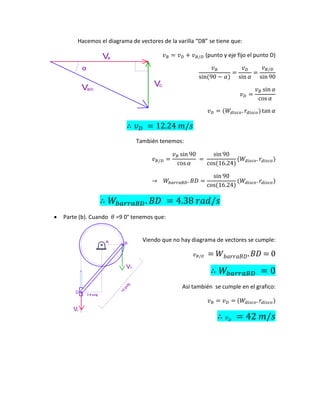 Hacemos el diagrama de vectores de la varilla “DB” se tiene que:
(punto y eje fijo el punto D)
También tenemos:
 Parte (b). Cuando =9 0° tenemos que:
Viendo que no hay diagrama de vectores se cumple:
Así también se cumple en el grafico:
 