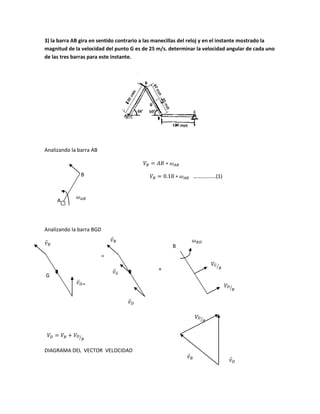 3) la barra AB gira en sentido contrario a las manecillas del reloj y en el instante mostrado la
magnitud de la velocidad del punto G es de 25 m/s. determinar la velocidad angular de cada uno
de las tres barras para este instante.
Analizando la barra AB
……………..(1)
Analizando la barra BGD
⃑
=
+
⃑
⁄
DIAGRAMA DEL VECTOR VELOCIDAD
A
B
G
⃑
⃑
⃑
B
⃑
⃑
⁄
⁄
⁄
 