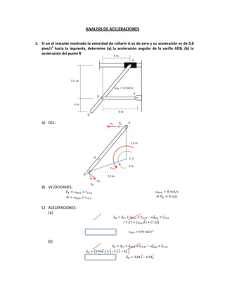 ANALISIS DE ACELERACIONES
1. Si en el instante mostrado la velocidad de collarín A es de cero y su aceleración es de 0,8
pies/s2
hacia la izquierda, determine (a) la aceleración angular de la varilla ADB, (b) la
aceleración del punto B
A) DCL:
B) VELOCIDADES:
C) ACELERACIONES:
(a)
⃗ ⃗ ⃗ ⃗ ⃗
⃗ ⃑⃗ ⃗
(b)
⃗ ⃗ ⃗ ⃗ ⃗
⃗ ( ⃑⃗ ) ( ⃗ ⃗ )
⃗ ⃗ ⃗
 