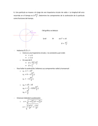 6. Una partícula se mueve a lo largo de una trayectoria circular de radio r. La longitud del arco
recorrido en el tiempo es S= . Determine los componentes de la aceleración de la partícula
como funciones del tiempo.
- Del gráfico se deduce:
S=r 
- Hallamos ̇ ̈ ̇ ̈ :
o Como es una trayectoria circular, r es constante y por ende:
 ̇
 ̈
o En caso de :
 ̇ =
 ̈
- Para hallar la aceleración, hallamos sus componentes radial y transversal:
o ̈ ̇
o ̈ ̇ ̇
- Entonces hallando la aceleración:
o √
√
 