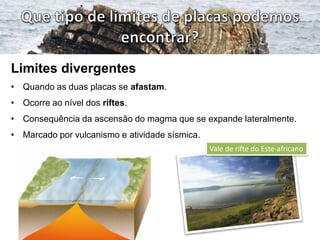 Limites divergentes
• Quando as duas placas se afastam.

• Ocorre ao nível dos riftes.
• Consequência da ascensão do magma que se expande lateralmente.
• Marcado por vulcanismo e atividade sísmica.
Vale de rifte do Este-africano

 