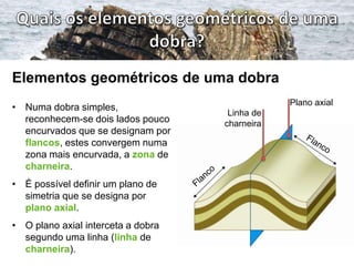 Elementos geométricos de uma dobra
                                                Plano axial
• Numa dobra simples,
                                     Linha de
  reconhecem-se dois lados pouco    charneira
  encurvados que se designam por
  flancos, estes convergem numa
  zona mais encurvada, a zona de
  charneira.
• É possível definir um plano de
  simetria que se designa por
  plano axial.
• O plano axial interceta a dobra
  segundo uma linha (linha de
  charneira).
 