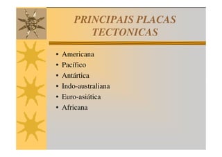 PRINCIPAIS PLACAS
           TECTONICAS
•   Americana
•   Pacífico
•   Antártica
•   Indo-australiana
•   Euro-asiática
•   Africana
 